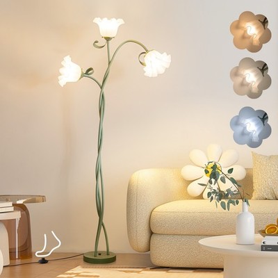 Flower Floor Lamp 3-Color LED w/ Remote, 3-Light Gooseneck Green for Bedroom