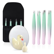 Tweezers and 10X Magnifying Mirror Kit with Travel Leather Case, Eyebrow Twee...
