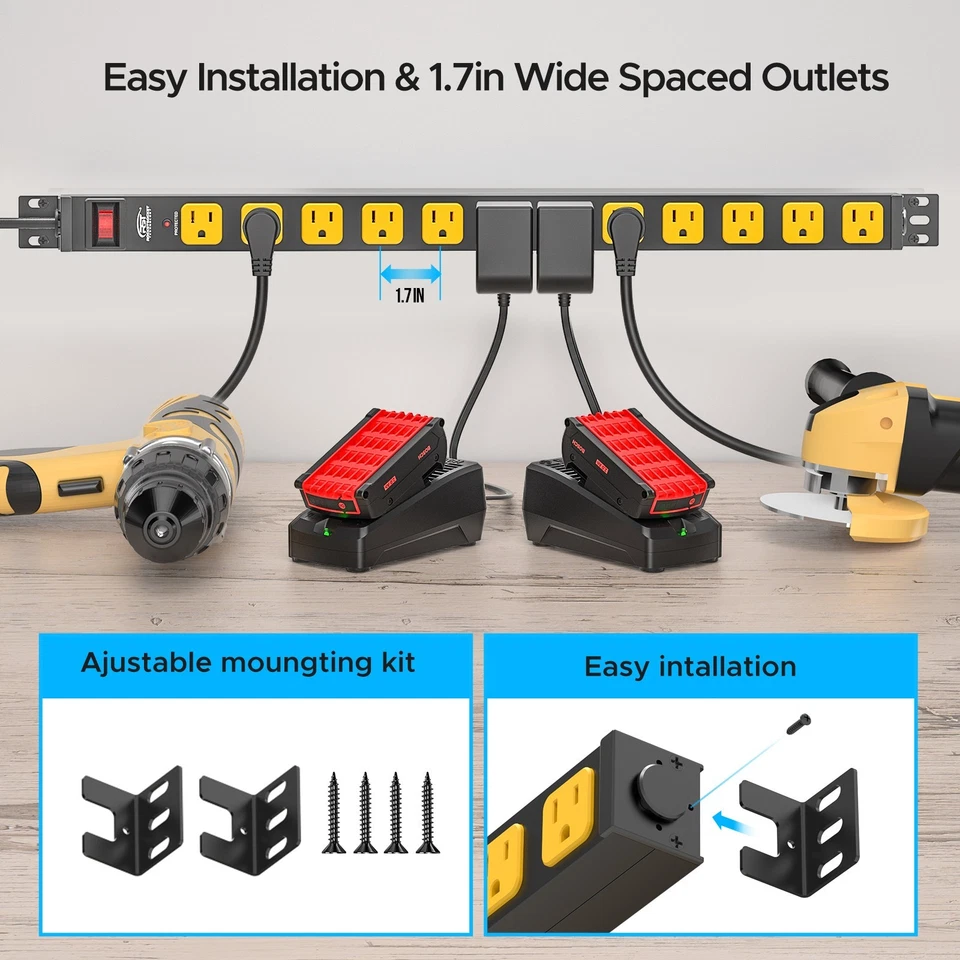 CRST 12 Outlets Heavy Duty Power Strip1875W with surge protector mounting bracke - Image 2 of 4