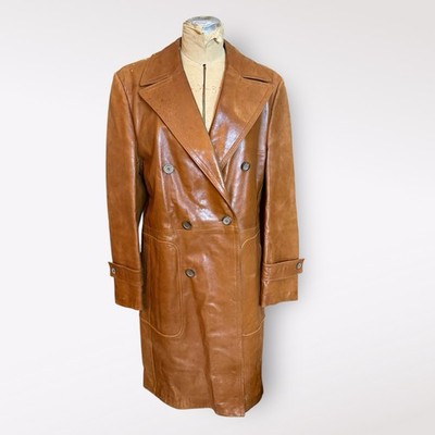 VTG Cortefiel Brown Leather Double Breasted Trench Made In Spain Sz 40 (US M-L)