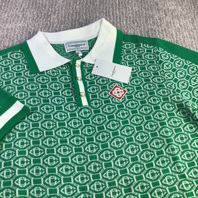 Casablanca Tennis Club Green Geometric Knit Polo Shirt Size L NWT