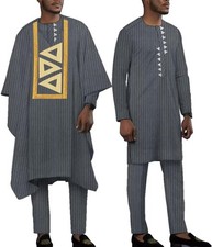 African Suit for Men Stripe Blazer Robe and Pants 3 Piece Set