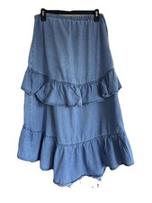 M Skirt Western Vintage Flared Cotton Blue Denim Ruffle Line Dancing