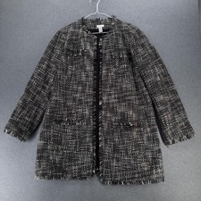 Chicos Coat Womens 2 US L-12 Gray Check Tweed Fringe Collarless Lined Pockets