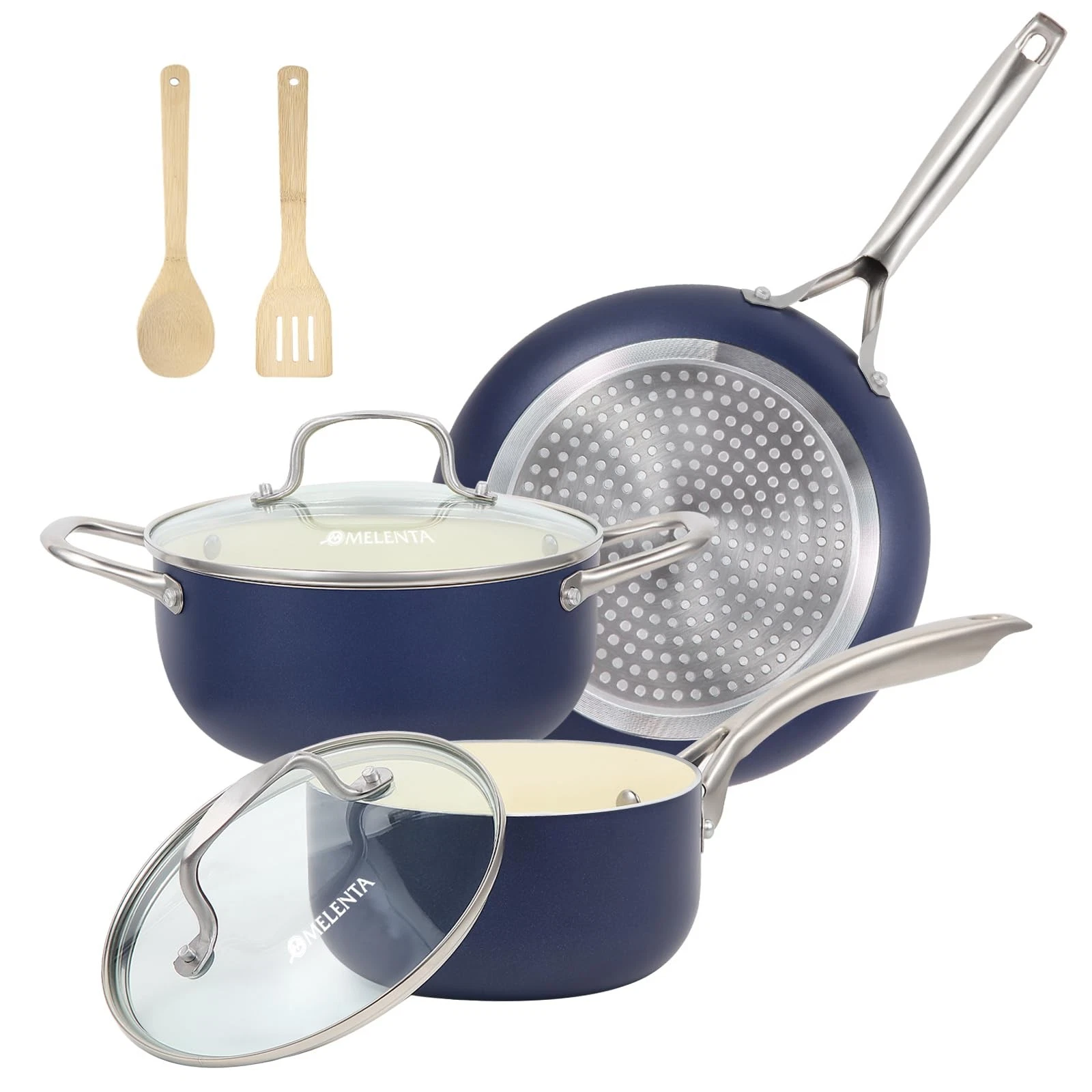 Nonstick Ceramic Cookware Set 7 Piece Pots Pans Induction Oven Safe Blue