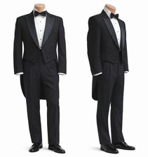 Men's Black Tuxedo Tailcoat 100 Wool with Satin Peak Lapels Full Dress Formal