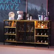 Rustic 55" Wine Bar Cabinet w LED Lighting Liquor Storage Wine Rack Glass Holder