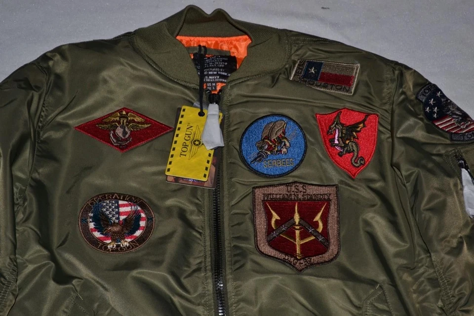 AUTHENTIC MEN’S TOP GUN MA-1 NYLON BOMBER JACKET PATCHES ARMY GREEN NWT - Image 4 of 4