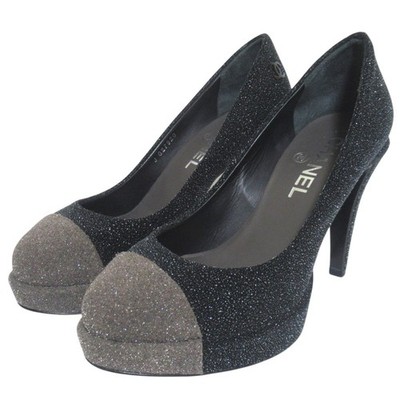 CHANEL Coco Mark Glitter High Heel Pumps Black Gray Women's Size EU35.5/US5