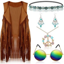 6 Pcs 60s 70s Outfits for Women Hippie Costume Tops Clothes Set Fringe Vest T...