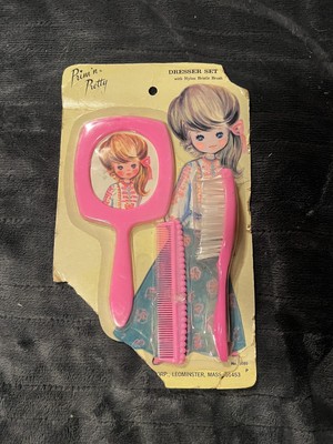 #1 VINTAGE PRIM 'N PRETTY DRESSER SET MIRROR NYLON BRISTLE BRUSH & COMB PINK