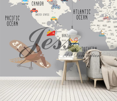 3D Vehicle Plane Grey World Map Self-adhesive Removeable Wallpaper Wall Mural 61