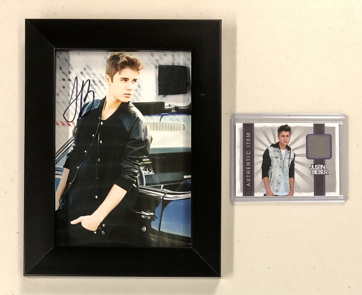 Justin Bieber Framed Auto Autograph with Clothing Swatch + Justin Bieber Framed Auto Autograph with Clothing Swatch +