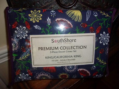New Southshore Fine Linens Boho Blue Floral King/Cal King Duvet Cover Set 3pc