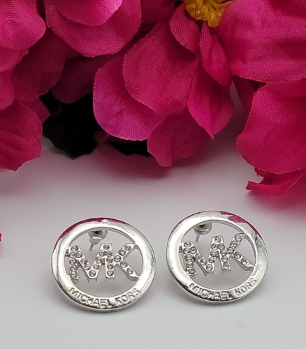 Michael Kors Logo Circle Stud Earrings Silver Tone Clear Crystal 23 mm