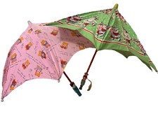 Pair of 2 Vtg 1970s Children  s Chinese Umbrellas Fabric Parasols Wood Handle VGC