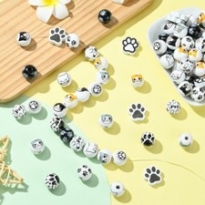 50 Pcs Dog Cat Paw Print Acrylic Beads - Large Hole Rondelle Charms For Jewelry Making