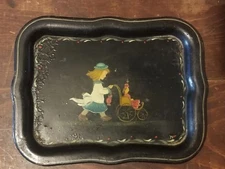 Rare Antique 1874 Hand Painted Victorian Child With Doll Toleware Tray