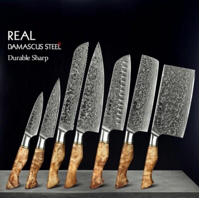 Damascus Steel Kitchen Knife Set Bread Cook Chef Meat Vegetable Cleaver Santoku