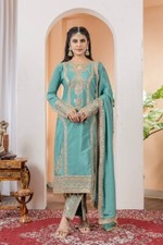Engagement Wear Sky Blue Chinon Silk Kurta Palazzo With Dupatta For Women
