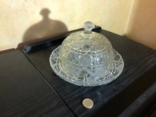 Ancienne cloche à fromage en verre pressé moulé + plateau assiette