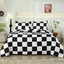 Black White Plaid Comforter Set, 3 Pieces Fluffy King Black White Checkerd