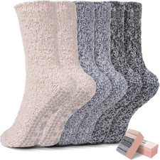 6 Pairs Thick Fuzzy Socks with Grips for Women, Non Slip Socks  Fluffy Warm Com
