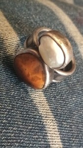 Handcrafted Silver Two-Stone Amber Pearl Ring Bezel Setting Engraved Band Signed