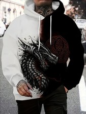 3D Black White Dragon Hoodie Split Color Viking Knot Graphic Pullover Sweatshirt