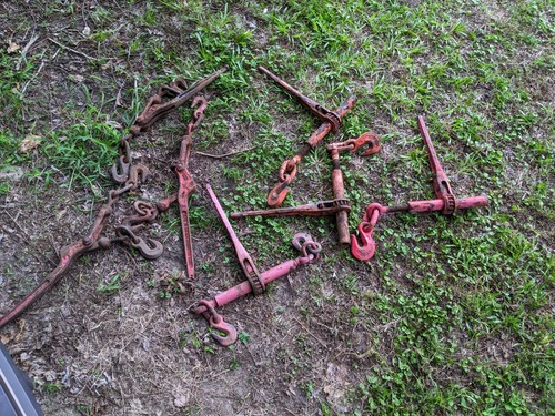 Lot of Chain Load Binders with Hooks - Ratchet/Lever Style, Red
