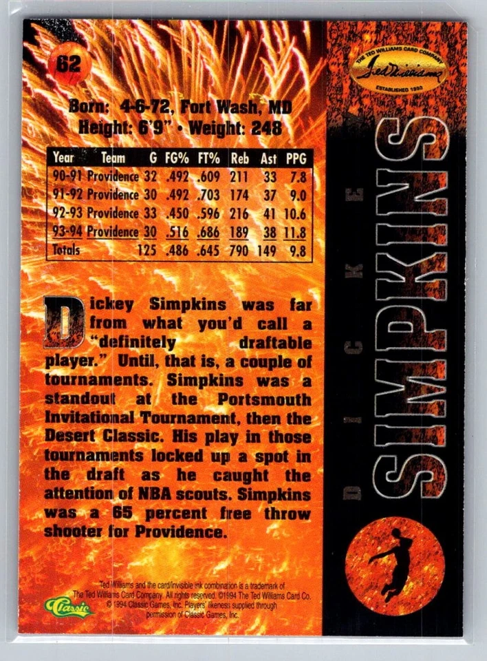 1994 Ted Williams Basketball #62 Dickey Simpkins - VG - Providence Friars - Image 2 of 2