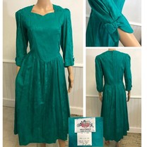vtg 80s Lanz Originals Teal Green Midi Dress 14 Riding Dress Slv Bow Drop Waist
