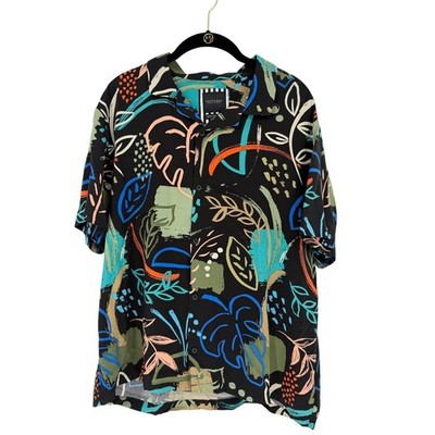 Cactus Man Ricky Singh Abstract Tropical Viscose Button Down Shirt Mens XL Black