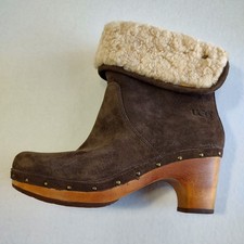 UGG Australia Lynnea Boots Womens 7 Brown Leather Fur Lined Heel Wood Clog Shoe