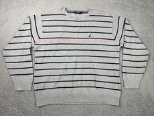 Nautica Sweater Mens XL Gray Stripe Crewneck Cotton Knit Pullover Nautical