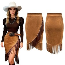 Damen Wildleder Rock Knielang Vintage Partyrock Western Rock mit Fransen Quasten