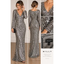 Milly Size 4 Silver Sequin Long Sleeve V-Neck Formal Gown Made in USA