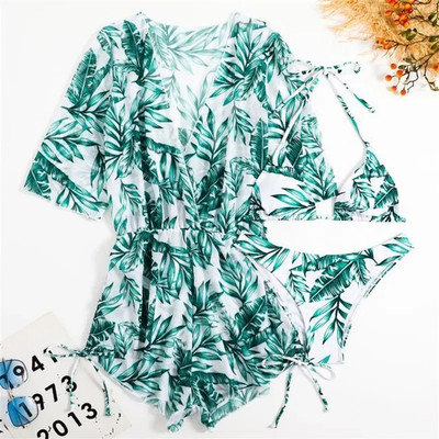 Bikini con estampado Tropical para mujer, traje de baño de 3 piezas con cuello