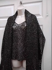 Women's XL Black Metallic Gold Knit Sweater & Wrap Around Shawl 2 Piece Set VTG