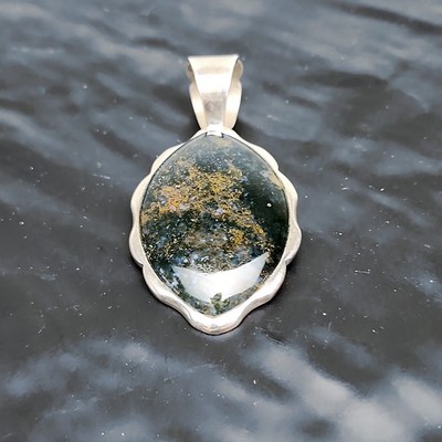 Jay King DTR Moss Agate Gem 925 Sterling Lg Pendant Scalloped Filigree Slide