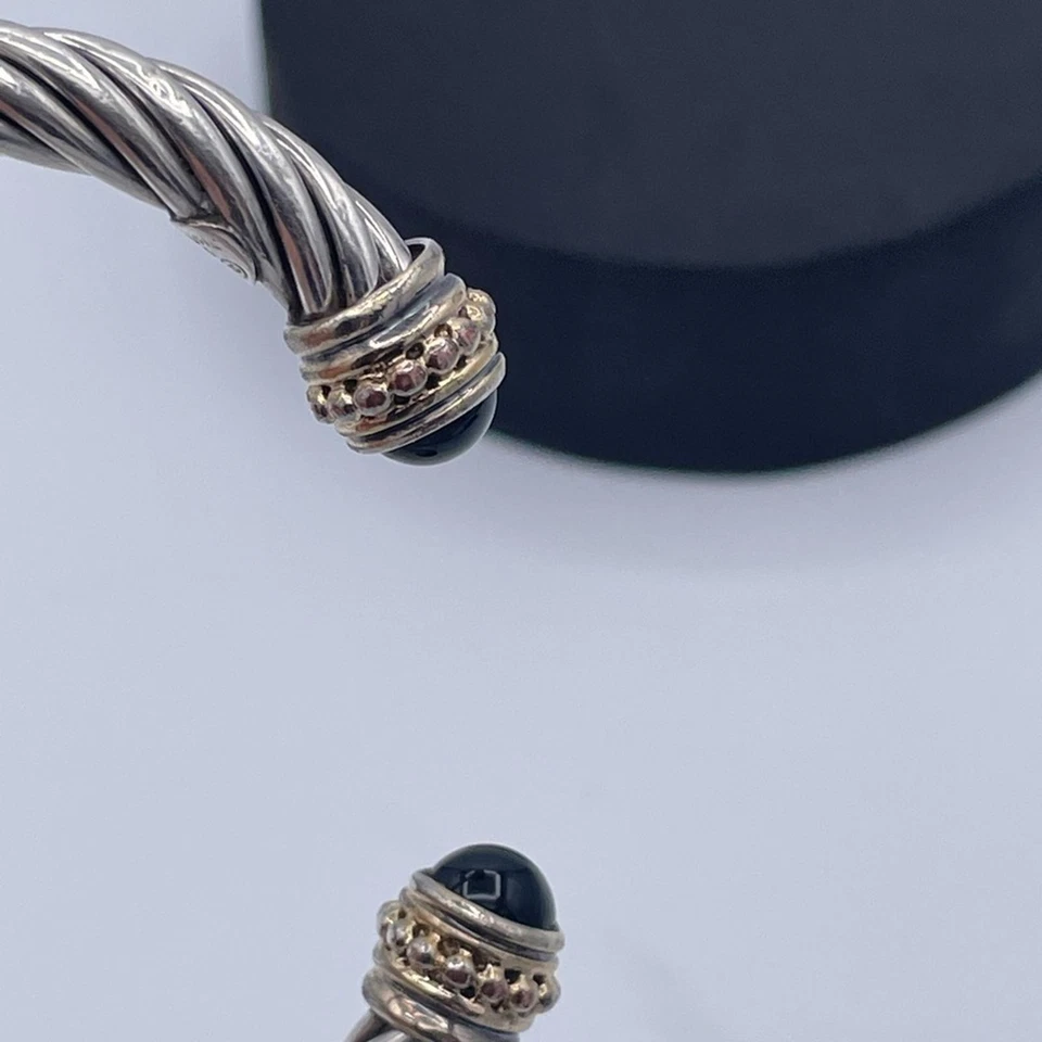 Vintage Sterling Silver Cable Cuff Bracelet 925 Thailand Onyx Caps 14K Plated - Image 3 of 4