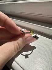 Oval Green Peridot Prong-Set Ring w/ Crystal Accents Silver Tone Band Sz 6.5