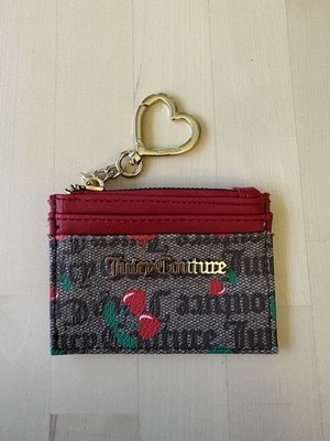 Juicy Couture Wallet Card Case Brown Red Cherry Print Keychain Cardholder Wallet