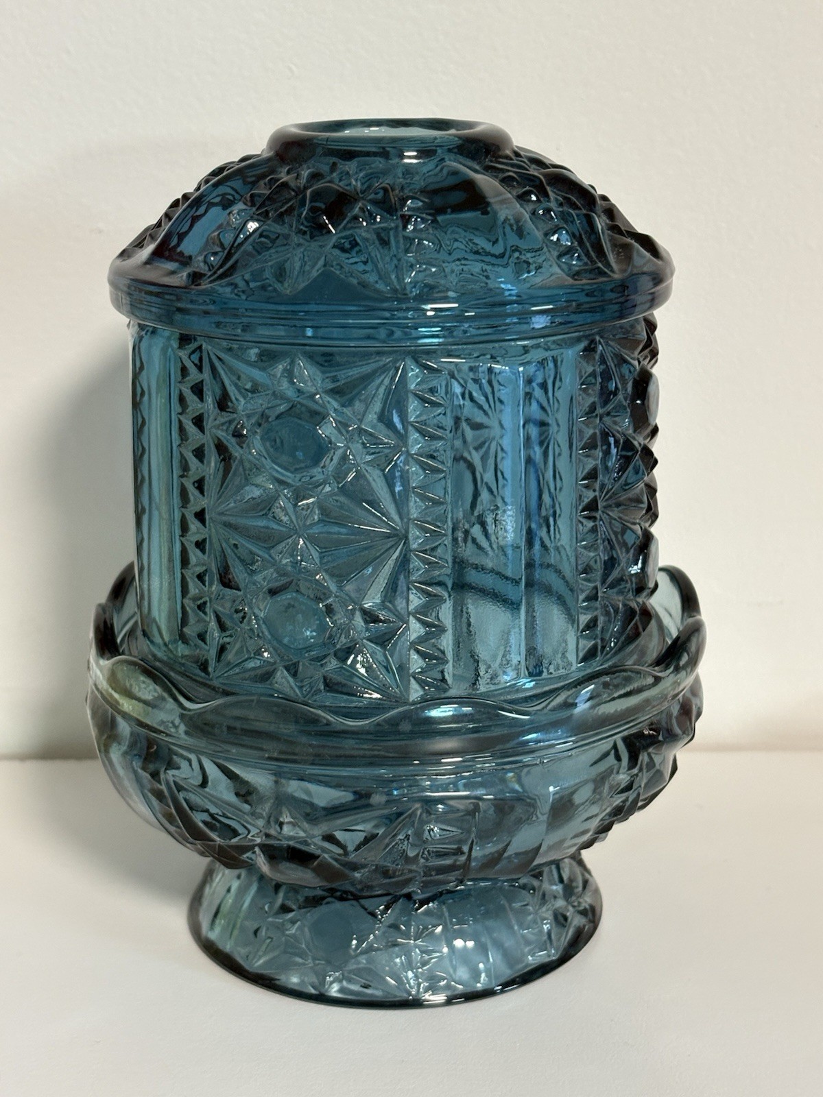 Indiana Glass Fairy Lamp Colonial Blue Stars & Bars MCM Vintage