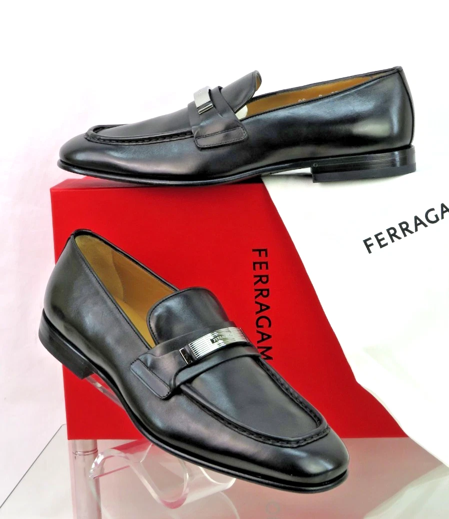 NIB FERRAGAMO DUMAS BLACK LEATHER METAL ENRAVED LOGO LOAFERS 12 EE NIB FERRAGAMO DUMAS BLACK LEATHER METAL ENRAVED LOGO LOAFERS  main image 2