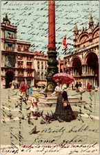Vintage Venice Piazza San Marco Postcard with Red Column & People