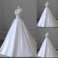 Elegant Satin Wedding Dresses Spaghetti Straps V Neck Corset A Line Bridal Gowns