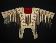 Native American Style Buckskin Beaded Powwow War Shirt w/ Fringe Cross Motif