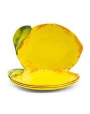 x4 SHABBY CHIC Melamine SALAD SIDE APPETIZER PLATES Lemon Shaped YELLOW NWT