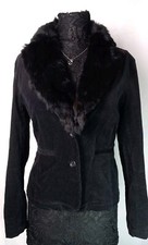 Jennyfer J Womens Black Corduroy Rabbit Fur Removable Collar Jacket Size Medium